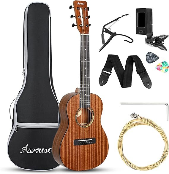 Asmuse Guitarra acústica de 30 pulgadas, kit de guitarra para principiantes de madera sólida con bolsa de concierto, cuerdas adicionales, correa, púas, afinador (natural)