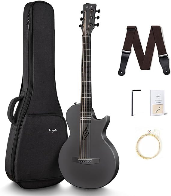 Enya Nova Go - Guitarra acústica de fibra de carbono, tamaño 1/2, para principiantes, adultos, viajes, con kit de iniciación de embalaje colorido, correa de guitarra acústica, bolsa de concierto, paño de limpieza, cuerda (negro)